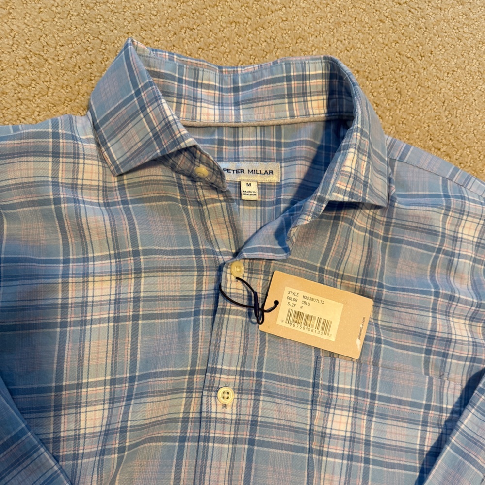 Peter Millar Blue and Pink Plaid Button-Down Shirt